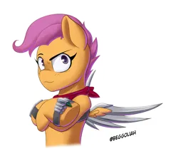 Size: 2883x2610 | Tagged: safe, artist:begoliah, derpibooru import, scootaloo, pegasus, semi-anthro, comic:crusaders, amputee, artificial wings, augmented, female, image, png, prosthetic limb, prosthetic wing, prosthetics, simple background, solo, transparent background, wings