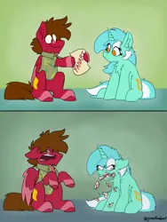 Size: 3000x4000 | Tagged: safe, artist:grandfinaleart, derpibooru import, lyra heartstrings, oc, oc:grand finale, pegasus, pony, unicorn, brown eyes, brown hair, brown mane, brown tail, chest fluff, chin fluff, digital art, duo, duo male and female, facial hair, female, folded wings, goatee, horn, image, l.u.l.s., male, mare, orange eyes, pegasus oc, png, red fur, simple background, sitting, smiling, stallion, stallion oc, tail, unshorn fetlocks, wings