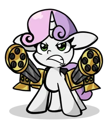 Size: 1320x1496 | Tagged: safe, artist:derp pone, derpibooru import, sweetie belle, pony, unicorn, angry, gritted teeth, image, minigun, png, solo, teeth, weapon