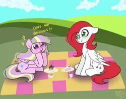 Size: 2048x1620 | Tagged: safe, artist:petaltwinkle, derpibooru import, oc, oc:petal twinkle, unofficial characters only, pegasus, pony, blushing, cake, cake slice, dialogue, duo, female, floppy ears, food, image, jpeg, mare, picnic, picnic blanket