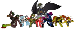 Size: 4305x1701 | Tagged: artist needed, oc name needed, source needed, safe, oc, oc:sharpkey, unofficial characters only, earth pony, gryphon, pony, unicorn, fallout equestria, female, geneva convention violation, gun, image, knife, looking at each other, male, mare, outline, png, simple background, stallion, transparent background, weapon, white outline