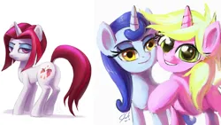 Size: 1646x928 | Tagged: safe, artist:raikoh, derpibooru import, cayenne, moonlight raven, sunshine smiles, pony, unicorn, canterlot boutique, butt, female, image, mare, pepperbutt, plot, png, siblings, simple background, sisters, squishy cheeks, trio, trio female, white background