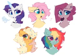 Size: 2070x1500 | Tagged: safe, artist:mirtash, derpibooru import, applejack, fluttershy, pinkie pie, rainbow dash, rarity, earth pony, pegasus, pony, unicorn, alternate hairstyle, alternate universe, blushing, candy, chest fluff, choker, ear fluff, ear piercing, earring, eye scar, eyeshadow, facial scar, female, food, freckles, image, jewelry, lipstick, lollipop, makeup, mare, open mouth, piercing, png, scar, simple background, white background