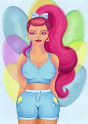 Size: 2893x4092 | Tagged: safe, artist:palettenight, derpibooru import, pinkie pie, anthro, human, balloon, blue eyes, bow, bust, clothes, ear piercing, earring, erect nipples, hair bow, hand, holiday, image, jewelry, nipple outline, piercing, pink, png, portrait, shine, shiny, shirt, shorts, solo, t-shirt