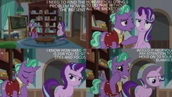 Size: 2000x1125 | Tagged: safe, derpibooru import, edit, edited screencap, editor:quoterific, screencap, firelight, starlight glimmer, the parent map, bookshelf, chalkboard, clothes, headscarf, image, png, scarf