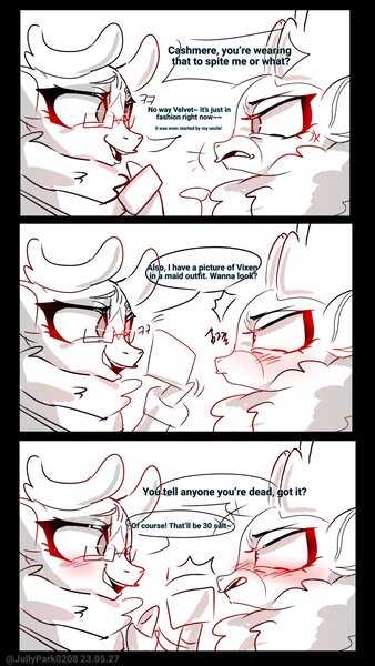 Size: 1080x1920 | Tagged: safe, artist:jully-park, derpibooru import, cashmere (tfh), velvet reindeer, deer, reindeer, them's fightin' herds, blushing, comic, community related, duo, duo female, duo focus, female, image, jpeg, monochrome, simple background, white background