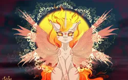 Size: 1920x1200 | Tagged: safe, artist:martazap3, derpibooru import, daybreaker, alicorn, pony, corrupted celestia, female, fire, horn, image, jpeg, mare, my little pony, royalty, simple background, smiling, solo, spread wings, sun, sunset, wings