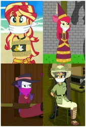 Size: 2927x4298 | Tagged: safe, artist:robukun, derpibooru import, apple bloom, daring do, rarity, sunset shimmer, human, equestria girls, bondage, cloth gag, clothes, damsel in distress, detective rarity, dress, gag, hat, hennin, humanized, image, jpeg, kidnapped, pole tied, princess, princess apple bloom, rope, rope bondage, struggling, tied to chair, tied up