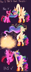 Size: 682x1597 | Tagged: safe, artist:sockiepuppetry, derpibooru import, princess celestia, twilight sparkle, twilight sparkle (alicorn), alicorn, pony, unicorn, :3, :p, alicornified, ascension, comic, flying, how to talk to short people, image, long neck, looking at each other, looking at someone, magic, meme, one eye closed, onomatopoeia, png, princess necklestia, race swap, sillestia, silly, simple background, tongue out, unicorn twilight