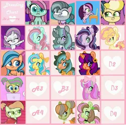 Size: 3271x3231 | Tagged: safe, artist:pegalsus, artist:vernorexia, derpibooru import, minty, potion nova, toola roola, oc, earth pony, pony, unicorn, g3, my little pony: pony life, adoptable, base used, bow, clothes, grid, hair bow, image, jpeg, lilith, necktie, octavio pie, orange zest, pineapple salsa, salty lime, scarf, shipping chart