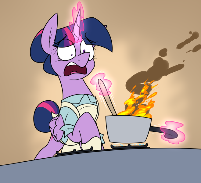 Size: 1710x1557 | Tagged: safe, artist:moonatik, derpibooru import, twilight sparkle, twilight sparkle (alicorn), alicorn, pony, abstract background, apron, clothes, cooking, female, fire, gloves, hair bun, image, mare, png, pot, raised hoof, scared, shirt, smoke, solo, spoon, tail, tail bun