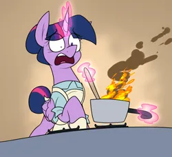 Size: 1710x1557 | Tagged: safe, artist:moonatik, derpibooru import, twilight sparkle, twilight sparkle (alicorn), alicorn, pony, abstract background, apron, clothes, cooking, female, fire, gloves, hair bun, image, mare, png, pot, raised hoof, scared, shirt, smoke, solo, spoon, tail, tail bun