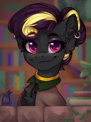 Size: 1200x1600 | Tagged: safe, artist:falafeljake, derpibooru import, oc, oc:note jotter, unofficial characters only, earth pony, pony, book, bookshelf, bust, chest fluff, clothes, ear fluff, ear piercing, earring, earth pony oc, eyebrows, eyebrows visible through hair, eyeshadow, female, hair bun, image, inkwell, jewelry, jpeg, looking at you, makeup, mare, piercing, portrait, robe, smiling, smiling at you
