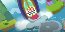 Size: 1323x661 | Tagged: safe, derpibooru import, edit, edited screencap, editor:incredibubbleirishguy, screencap, school raze, closed, image, no pony, png, school of friendship, sign, water, waterfall