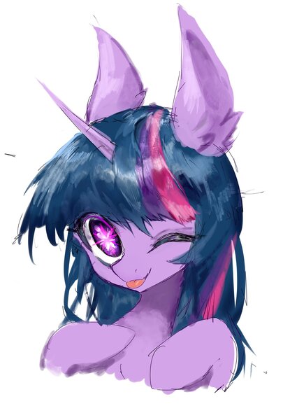 Size: 1382x2048 | Tagged: safe, artist:gq40415378, derpibooru import, twilight sparkle, pony, anime style, bust, crossover, female, image, jpeg, one eye closed, oshi no ko, simple background, solo, tongue out, white background, wink