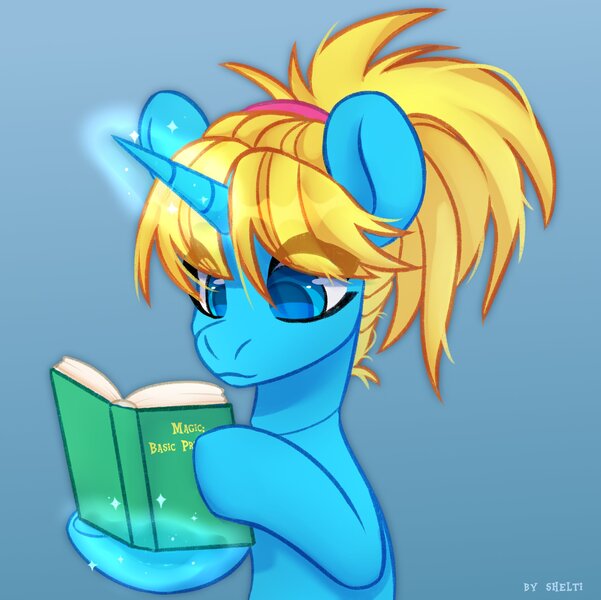 Size: 2004x2000 | Tagged: safe, artist:shelti, derpibooru import, oc, unofficial characters only, pony, unicorn, blue background, book, female, glow, glowing horn, horn, image, jpeg, simple background, unicorn oc