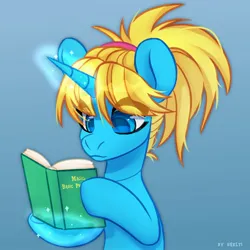 Size: 2004x2000 | Tagged: safe, artist:shelti, derpibooru import, oc, unofficial characters only, pony, unicorn, blue background, book, female, glow, glowing horn, horn, image, jpeg, simple background, unicorn oc