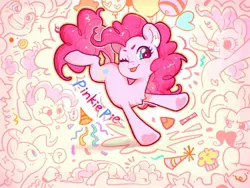 Size: 2160x1620 | Tagged: safe, artist:千雲九枭, derpibooru import, part of a set, pinkie pie, earth pony, pony, :p, cute, diapinkes, female, image, jpeg, looking at you, mare, name, one eye closed, smiling, smiling at you, solo, tongue out, wink, winking at you