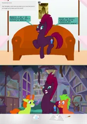 Size: 1075x1525 | Tagged: safe, artist:hakar-kerarmor, derpibooru import, tempest shadow, earth pony, mouse, pony, unicorn, ask four inept guardponies, bookshelf, couch, female, globe, image, male, mare, open up your *very* eyes, png, scroll, singing, stallion, starlight's office, window