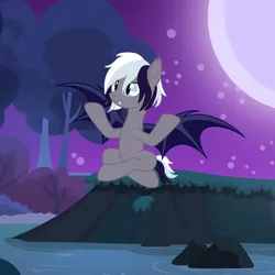 Size: 2844x2846 | Tagged: safe, artist:ghostpikachu, derpibooru import, oc, oc:luan, unofficial characters only, bat pony, pony, bat pony oc, bat wings, fangs, gray eyes, image, male, moon, moonlight, night, outdoors, png, sitting, spread wings, stallion, tree, water, wings, yoga