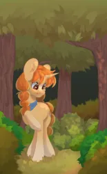 Size: 1338x2160 | Tagged: safe, artist:lissa__bee, derpibooru import, oc, oc:morning latte, unofficial characters only, pony, unicorn, big ears, blaze (coat marking), clothes, coat markings, detailed background, facial markings, female, forest, image, mare, nature, outdoors, png, raised hoof, scarf, smiling, socks (coat marking), solo, tree