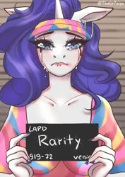 Size: 4341x6132 | Tagged: safe, artist:thaliati, derpibooru import, rarity, anthro, human, pony, unicorn, barbie mugshot meme, blushing, crying, female, humanized, image, jpeg, lipstick, makeup, mare, meme, mugshot, piercing, simple background