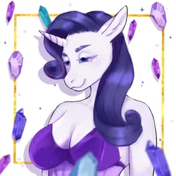 Size: 1920x1920 | Tagged: safe, artist:mushroom_ept, derpibooru import, rarity, anthro, unicorn, blue eyes, breasts, busty rarity, cleavage, clothes, crystal, curly hair, ears, eyebrows, eyelashes, female, horn, image, jpeg, lidded eyes, nostrils, shoulderless, smiling, snout, solo, unicorn horn