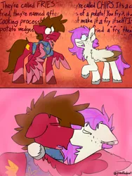 Size: 3000x4000 | Tagged: safe, artist:grandfinaleart, derpibooru import, oc, oc:grand finale, oc:molars, unofficial characters only, pegasus, pony, argument, brown eyes, brown hair, brown mane, brown tail, chest fluff, chin fluff, clothes, digital art, duo, duo male and female, facial hair, female, folded wings, freckles, goatee, hawaiian shirt, image, kiss on the lips, kissing, male, mare, mare oc, pegasus oc, pink hair, pink mane, pink tail, png, red fur, shirt, simple background, spread wings, stallion, stallion oc, straight, tail, unshorn fetlocks, wings, yelling, yellow eyes