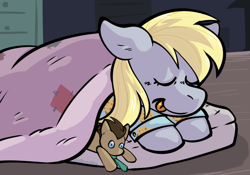 Size: 3000x2100 | Tagged: safe, derpibooru import, derpy hooves, doctor whooves, time turner, original species, pegasus, plush pony, pony, :p, bed, bedroom, blanket, clothes, digital art, eyes closed, food, image, muffin, necktie, pajamas, plushie, png, sleeping, solo, tongue out