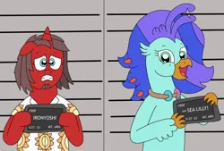 Size: 2732x1852 | Tagged: safe, artist:supahdonarudo, derpibooru import, oc, oc:ironyoshi, oc:sea lilly, unofficial characters only, classical hippogriff, hippogriff, unicorn, barbie mugshot meme, clothes, happy, holding, image, jewelry, meme, mugshot, necklace, png, scared, shirt