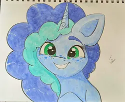 Size: 1996x1640 | Tagged: safe, artist:engi, derpibooru import, pony, unicorn, g5, cute, female, freckles, image, jpeg, misty brightdawn, photo, simple background, smiling, solo, traditional art, watercolor painting