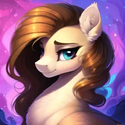 Size: 640x640 | Tagged: safe, derpibooru import, machine learning generated, novelai, stable diffusion, earth pony, pony, ai content, background, blue eyes, brown hair, female, feral, fluffy, image, lidded eyes, long hair, mare, png, smiling, solo