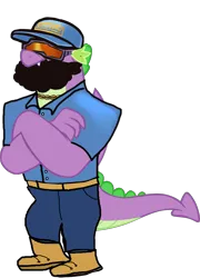 Size: 1280x1781 | Tagged: safe, artist:memnoch, derpibooru import, edit, vector edit, spike, dragon, beard, boots, cap, clothes, crossover, facial hair, foreman spike, gigachad spike, goggles, hat, image, male, namesake, older, older spike, png, pun, shoes, simple background, solo, super mario bros., the super mario bros. movie, transparent background, vector, visual pun, winged spike, wings, wrecking crew