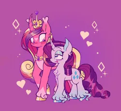 Size: 1944x1792 | Tagged: safe, artist:sidruni, derpibooru import, princess cadance, rarity, alicorn, pony, unicorn, blushing, curved horn, duo, female, heart, horn, image, infidelity, lesbian, png, purple background, raridance, shipping, simple background, unshorn fetlocks