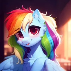 Size: 1500x1500 | Tagged: safe, artist:nightluna, derpibooru import, machine learning assisted, machine learning generated, stable diffusion, rainbow dash, pegasus, pony, :p, ai content, cheek fluff, chest fluff, cute, dashabetes, ear fluff, eyebrows, eyebrows visible through hair, eyelashes, female, generator:purplesmart.ai, image, jpeg, looking at you, mare, smiling, smiling at you, solo, tongue out