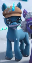 Size: 353x687 | Tagged: safe, derpibooru import, screencap, unnamed character, unnamed pony, pony, unicorn, g5, my little pony: make your mark, spoiler:g5, spoiler:winter wishday, clean cut, cropped, facial hair, female, glasses, glow, glowing horn, hat, horn, image, male, male focus, mare, moustache, my little pony: make your mark chapter 3, offscreen character, png, snow, snowfall, solo focus, stallion, unshorn fetlocks, winter wishday