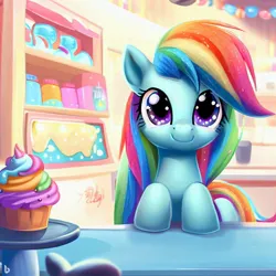Size: 1024x1024 | Tagged: safe, derpibooru import, machine learning generated, rainbow dash, pegasus, pony, ai content, counter, cupcake, cute, cute smile, dashabetes, female, food, generator:dall-e 2, image, jpeg, looking at you, mare, shop, smiling, smiling at you, solo, sparkly eyes, sugarcube corner, wingding eyes