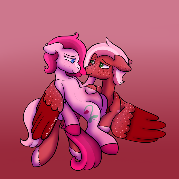 Size: 2000x2000 | Tagged: safe, artist:whimsicalseraph, derpibooru import, oc, oc:raspberry sorbet, oc:strawberry syrup, unofficial characters only, pegasus, pony, duo, duo female, female, floppy ears, freckles, gradient background, image, incest, lesbian, lesbian couple, png, pregnant, siblings, simple background, twincest, twins, unshorn fetlocks, wings