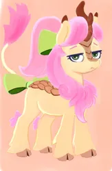 Size: 652x1000 | Tagged: safe, artist:ponsce, derpibooru import, posey (g5), kirin, g5, bow, cloven hooves, female, frown, hair bow, image, jpeg, looking at you, posey bloom is not amused, simple background, solo, species swap, tail, tail bow, unamused