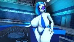 Size: 1280x720 | Tagged: suggestive, artist:novaneptune4, derpibooru import, vinyl scratch, anthro, unicorn, 3d, big breasts, bikini, breasts, busty vinyl scratch, butt, clothes, dj table, female, headphones, hips, horn, image, large butt, looking at you, nostrils, png, sling bikini, smiling, smiling at you, snout, solo, summer, sunglasses, swimming pool, swimsuit, thighs, thunder thighs, tiles, two toned hair, unicorn horn, vinyl's glasses, wide hips