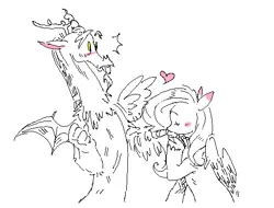 Size: 510x387 | Tagged: safe, artist:burgeredagent, derpibooru import, discord, fluttershy, draconequus, pegasus, blushing, discoshy, duo, ear blush, female, hand kiss, heart, image, male, partial color, png, shipping, straight