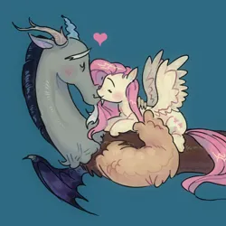 Size: 648x648 | Tagged: safe, artist:burgeredagent, derpibooru import, discord, fluttershy, draconequus, pegasus, pony, blue background, discoshy, duo, female, image, kiss on the lips, male, png, shipping, simple background, spread wings, straight, wings
