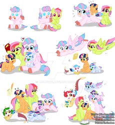 Size: 1024x1111 | Tagged: safe, artist:linadoon, derpibooru import, oc, oc:applebuck, oc:cloudchaser, oc:colorful thunder, oc:dazzleflash, oc:precious, oc:sunnynight, oc:wavedancer, unofficial characters only, dracony, earth pony, hybrid, pegasus, pony, unicorn, age progression, baby, baby pony, book, colt, cute, deviantart watermark, female, filly, flying, foal, freckles, holding a pony, image, interspecies offspring, levitation, magic, magical lesbian spawn, male, obtrusive watermark, offspring, older, pacifier, parent:applejack, parent:discord, parent:fluttershy, parent:pinkie pie, parent:princess celestia, parent:princess skystar, parent:rainbow dash, parent:rarity, parent:spike, parent:twilight sparkle, parents:dislestia, parents:flutterdash, parents:skypie, parents:sparity, parents:twijack, png, quill, simple background, telekinesis, watermark, white background