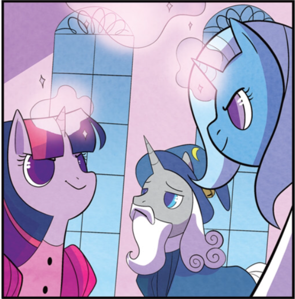Size: 606x613 | Tagged: safe, derpibooru import, idw, star swirl the bearded, trixie, twilight sparkle, pony, unicorn, spoiler:comic, image, my little pony classics reimagined: little fillies, png, window