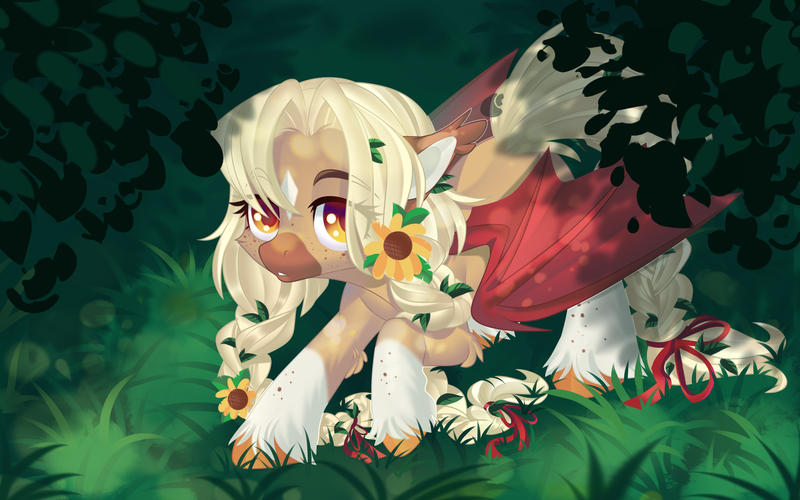 Size: 3200x2000 | Tagged: safe, artist:xvostik, derpibooru import, oc, oc:sunflower honey, unofficial characters only, bat pony, pony, bow, braid, coat markings, cute, female, flower, flower in hair, freckles, hair bow, image, looking at you, looking up, looking up at you, mare, png, pomy, socks (coat marking), solo, tail, tail bow, unshorn fetlocks