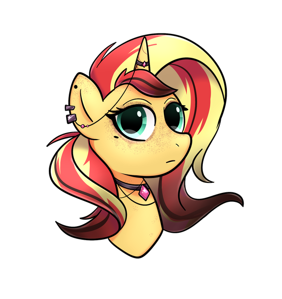 Size: 1468x1556 | Tagged: safe, artist:yumiy_salin, derpibooru import, sunset shimmer, pony, unicorn, bust, cute, dark skin, ear piercing, freckles, horn, horn jewelry, horn ring, image, jewelry, necklace, peppered bacon, piercing, png, portrait, ring, solo