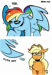 Size: 1640x2360 | Tagged: safe, artist:lrusu, derpibooru import, applejack, rainbow dash, earth pony, pegasus, pony, appledash, comic, dialogue, eye clipping through hair, female, image, jpeg, lesbian, shipping, spread wings, wings