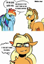 Size: 1640x2360 | Tagged: safe, artist:lrusu, derpibooru import, applejack, rainbow dash, earth pony, pegasus, pony, appledash, comic, dialogue, eye clipping through hair, female, image, jpeg, lesbian, shipping, spread wings, wings