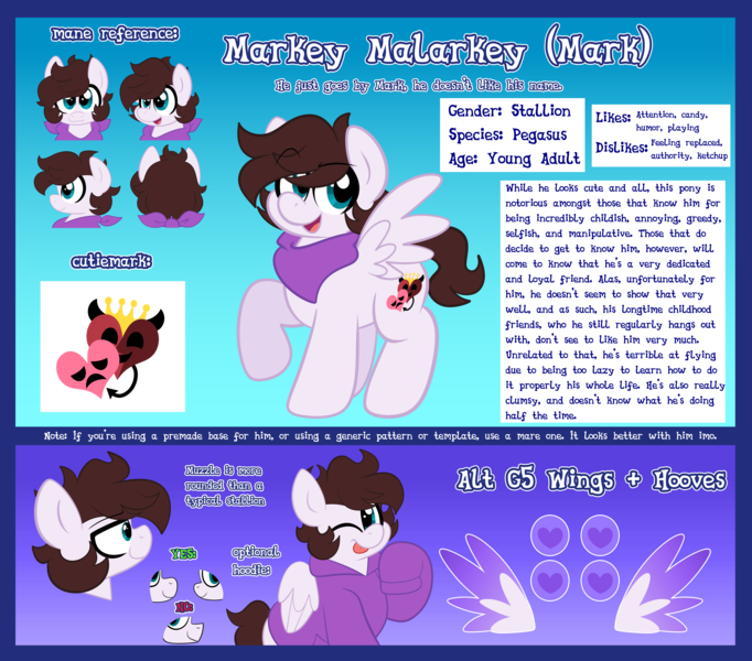 Size: 7176x6315 | Tagged: safe, artist:saveraedae, derpibooru import, oc, oc:markey malarkey, ponified, unofficial characters only, pegasus, pony, g5, bandana, clothes, colored wings, crossover, cutie mark, gradient background, gradient wings, hoodie, hoof heart, image, male, png, reference sheet, solo, stallion, the mark side, underhoof, wings