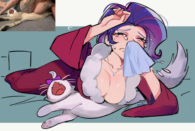 Size: 2528x1701 | Tagged: safe, artist:卯卯七, derpibooru import, opalescence, rarity, cat, human, big breasts, breasts, busty rarity, cleavage, clothes, crying, drama queen, eyes closed, handkerchief, humanized, image, jpeg, open mouth, ponified animal photo, robe, teary eyes